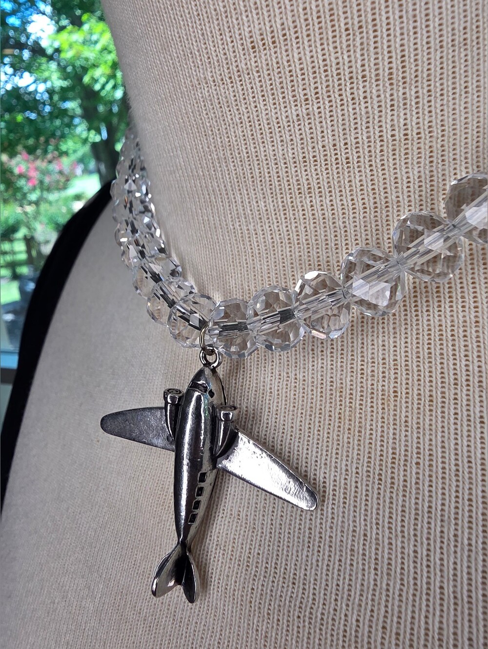 Silver Airplane Pendant Necklace with Clear Beads - Unisex Jewelry - Picture 9 of 14